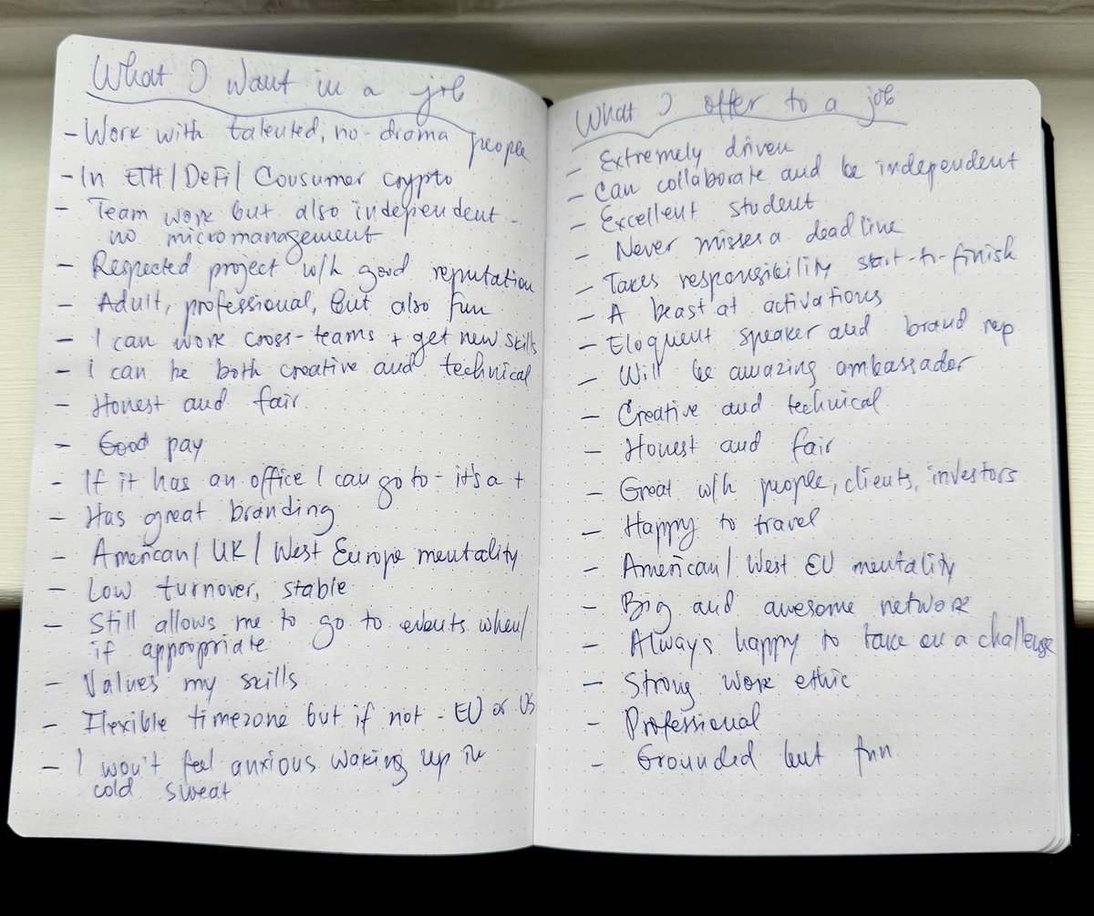 dee_centralized's tweet image. How I’m MANIFESTING my next job as my week of interviews kicks off✨ 

(I did this to manifest my soulmate 4 years ago)

I write what I want and what I offer. Then I have interviews and after each, I check the list.

Here’s what I wrote…

(Plz tag places that fit the list❤️)