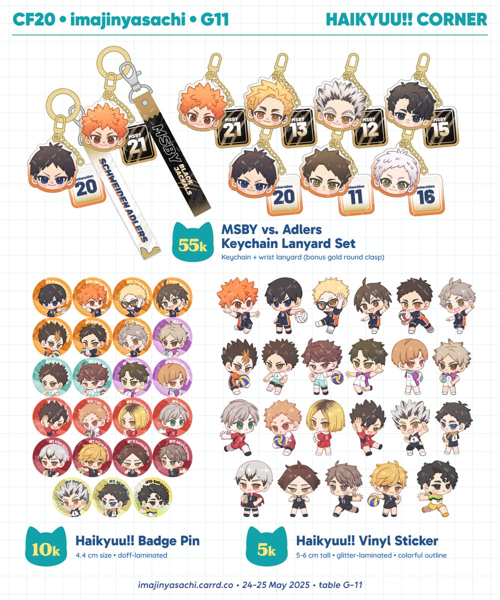 imajinyasachi's tweet photo. [Thank you for 🔁💛]
Here is imajinyasachi's #CFXX OTS catalog ✨

📅: 24-25 May '25
📍: ICE BSD (Table G-11)
💰: Cash (preferred) or QRIS
❌ No booking

⭐️: #Haikyuu, #KuroBas, #zzzero, #GenshinImpact, #HSR, Shoujo

Thank you &amp; see you!
#cf20 #comifuro20 #comifuro20catalog https://t.co/u5yl3EX20M