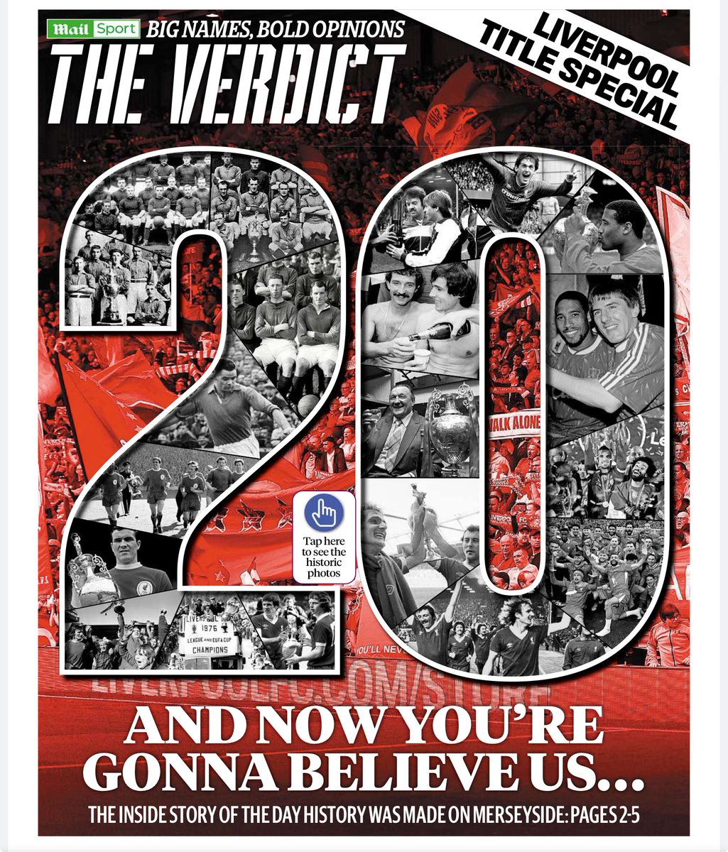 20/20 vision: a piece of art from ⁦<a href="/tmooro/">Tony Moore</a>⁩ to commemorate Liverpool’s title triumph.
A picture from every season, starting in 1900-01, in which they became champions. 
Coverage in the edition features outstanding accounts from ⁦<a href="/OllieHolt22/">Oliver Holt</a>⁩ &amp; ⁦<a href="/LewisSteele_/">Lewis Steele</a>⁩