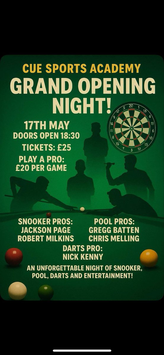 Jackson Page (@jacksonpage147) on Twitter photo Looking forward to heading down to the Cue Sports Academy in Torquay on the 17th of May.
Going to be a great night! ๐
Contact Matthew Hulatt for more info on securing tickets etc. Looking forward to heading down to the Cue Sports Academy in Torquay on the 17th of May.
Going to be a great night! ๐
Contact Matthew Hulatt for more info on securing tickets etc.