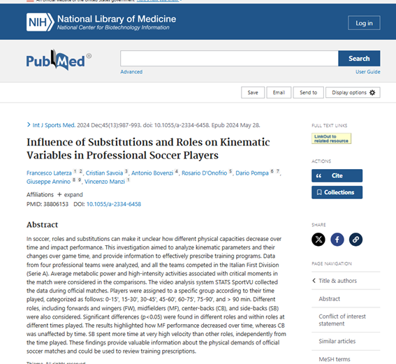DonofrioRo's tweet photo. Laterza F, Savoia C, Bovenzi A, D'Onofrio R, Pompa D, Annino G, Manzi V. Influence of Substitutions and Roles on Kinematic Variables in Professional Soccer Players. Int J Sports Med. 2024 Dec;45(13):987-993. doi: 10.1055/a-2334-6458. https://t.co/IZkotXr604