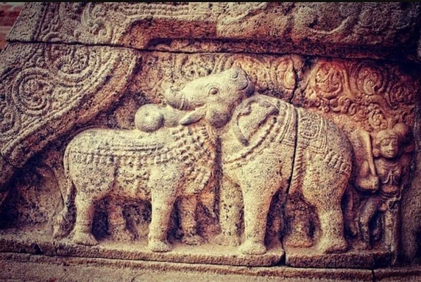 Optical illusion of Airavatesvara Temple - one of the world's oldest 'Optical illusion'. It is beautifully carved on a stone in which there is a single head for an Elephant and the Bull :

Optical illusions are centuries old art; one of the oldest optical illusions in the world