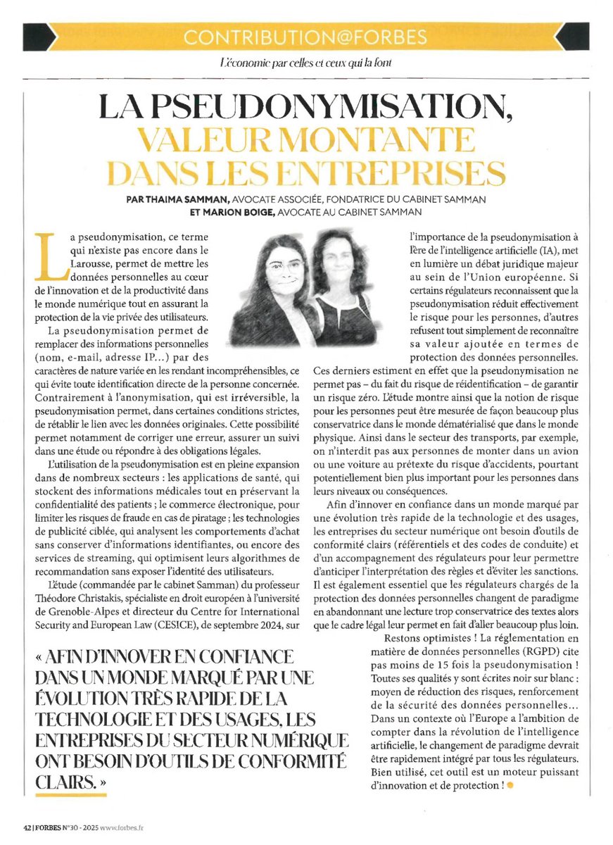 Thaima Samman (@thaimasamman) on Twitter photo La "pseudonymisation", ce mot « barbare » qui protège la vie privée des utilisateurs
👉 L'article cosigné avec <a href="/marionboige/">Marion Boige</a> pour <a href="/Forbes/">Forbes</a>, où nous revenons sur l'étude du Pr <a href="/TC_IntLaw/">Theodore CHRISTAKIS</a> et sur l’importance de dépasser une approche conservatrice du « risque zéro » souvent théorique. La "pseudonymisation", ce mot « barbare » qui protège la vie privée des utilisateurs
👉 L'article cosigné avec <a href="/marionboige/">Marion Boige</a> pour <a href="/Forbes/">Forbes</a>, où nous revenons sur l'étude du Pr <a href="/TC_IntLaw/">Theodore CHRISTAKIS</a> et sur l’importance de dépasser une approche conservatrice du « risque zéro » souvent théorique.