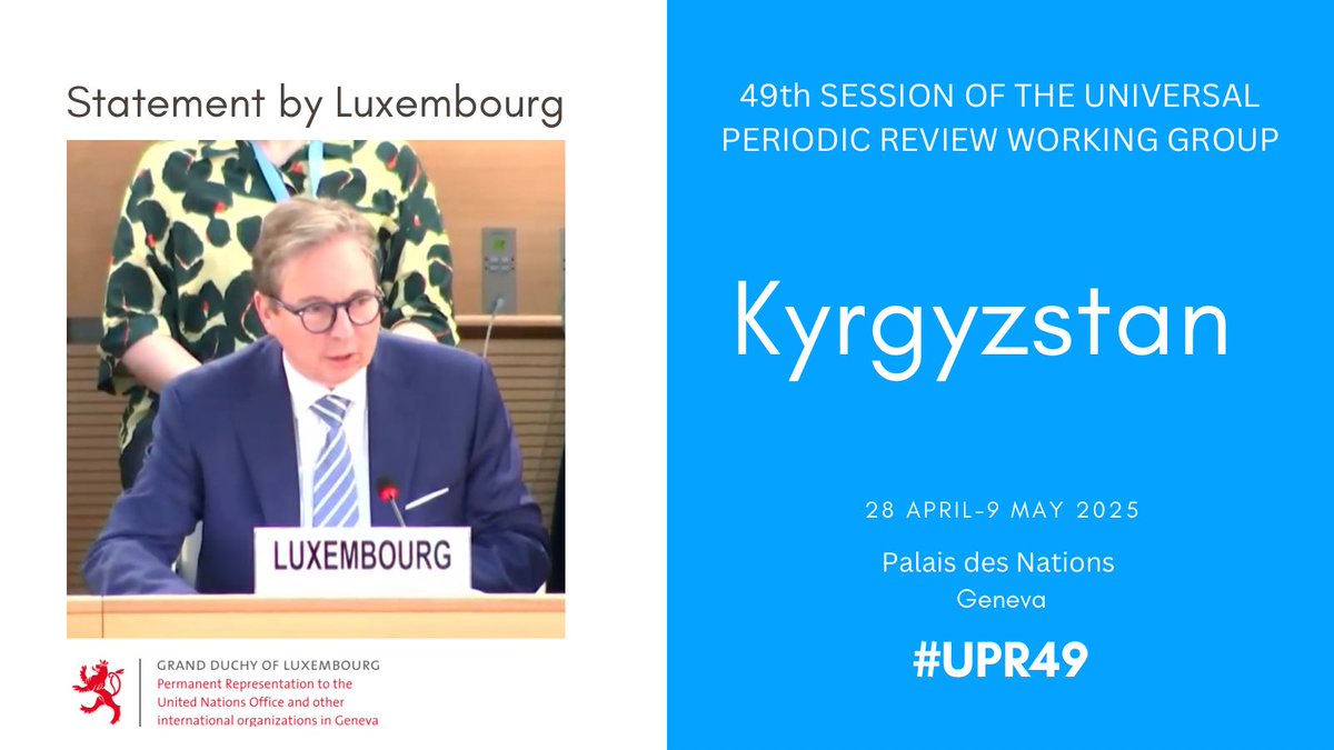 #Luxembourg🇱🇺 #UPR49 recommendations to #Kyrgyzstan🇰🇬:
1️⃣Ensure Office of the Ombudsman’s independence per Paris Principles
2️⃣Adopt anti-discrimination law incl. SOGI
3️⃣Adapt legislation to facilitate CSOs’ work
4️⃣Align media law with HR standards to protect journalists
