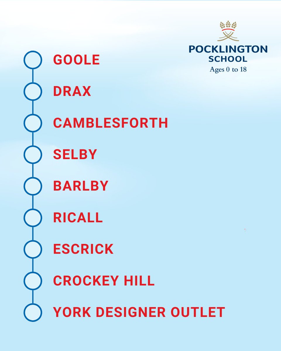 🚌 From September 2025 we will be offering new bus routes to school from: 

Goole, Drax, Camblesforth, Selby, Barlby, Riccall, Escrick, Crockey Hill and York Designer Outlet

We're excited to extend our transport links for all our existing and prospective families! 🌟