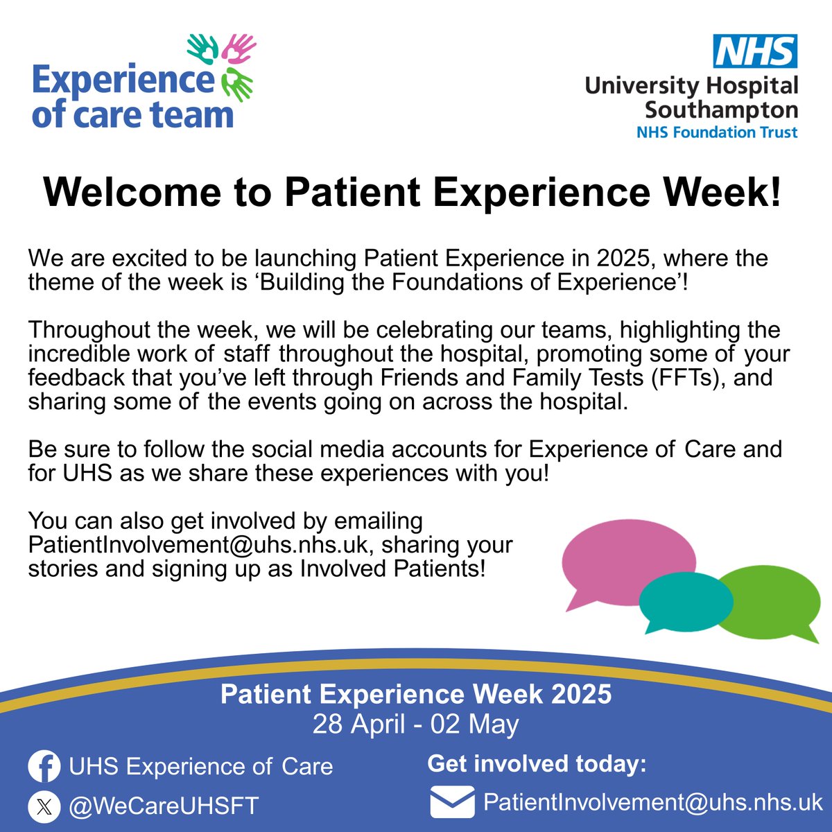 Experience of Care at UHSFT (@wecareuhsft) on Twitter photo We are very excited to launch Patient Experience Week 2025 at <a href="/UHSFT/">University Hospital Southampton 💙</a>
This week, we're celebrating all things patient experience by 'building the foundations of experience'.
Be sure to follow our social media accounts to stay up to date! #PatientsFirst #WeAreUHS We are very excited to launch Patient Experience Week 2025 at <a href="/UHSFT/">University Hospital Southampton 💙</a>
This week, we're celebrating all things patient experience by 'building the foundations of experience'.
Be sure to follow our social media accounts to stay up to date! #PatientsFirst #WeAreUHS