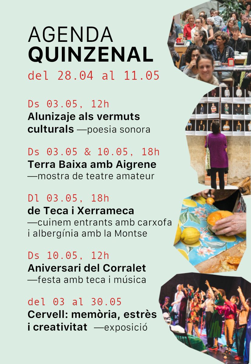 🍀Atentes al plans de la propera quinzena!

🗞️Un vermut amb la poesia sonora d'Alunizaje; 🎭l'adaptació de Terra Baixa; 🍆entrants amb verdures de temporada; 🎂el 1er aniversari del Corralet; 🧠una expo sobre el cervell.
 
🖇️No us perdeu res: lleialtat.cat
🌉No fem pont