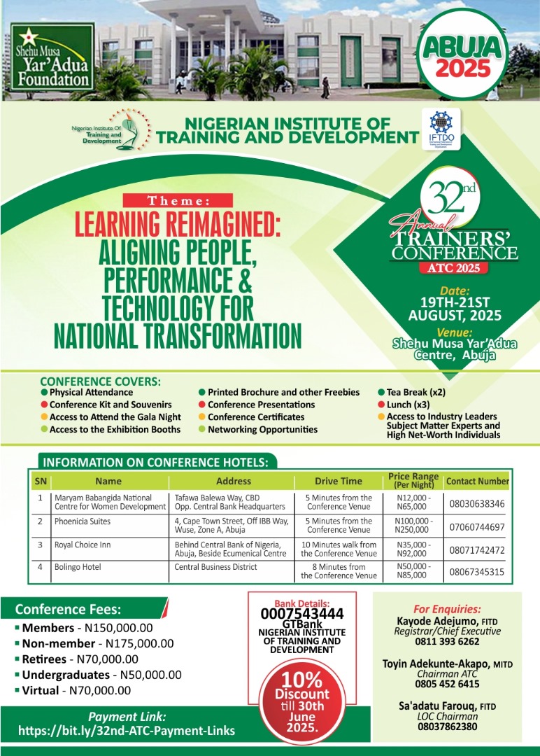 NITAD8's tweet photo. Are you ready to be part of a movement redefining the future of learning, work, and nation-building?
Date: 19 - 21 August 2025
Venue: Shehu Musa Yar' Adua Centre, Abuja
๐ Register here: https://t.co/BOp9KCRIIr
#LearningReimagined
#NationalTransformation
#ATC2025
#NITAD https://t.co/xo8cXHZQoL