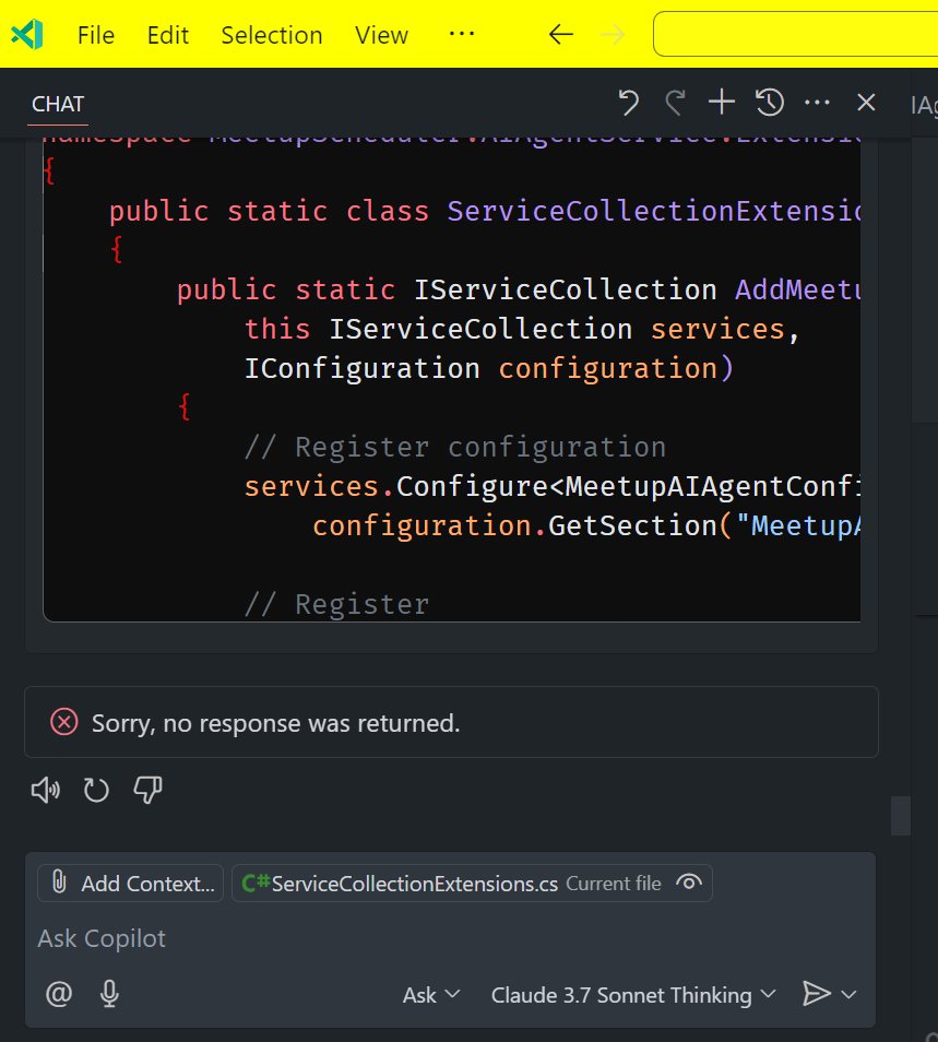 Augustine C (@augvcor) on Twitter photo Repeatedly getting the "Sorry, no response was returned" error in <a href="/code/">Visual Studio Code</a> #GitHubCopilot when using the <a href="/AnthropicAI/">Anthropic</a> #ClaudeSonnet37 model. Anyone else seeing this?
GitHub Issue: github.com/microsoft/vsco…
cc <a href="/burkeholland/">Burke Holland</a> <a href="/pierceboggan/">Pierce Boggan</a> <a href="/BrigitMurtaugh/">Brigit</a> 🛠️ #Claude Repeatedly getting the "Sorry, no response was returned" error in <a href="/code/">Visual Studio Code</a> #GitHubCopilot when using the <a href="/AnthropicAI/">Anthropic</a> #ClaudeSonnet37 model. Anyone else seeing this?
GitHub Issue: github.com/microsoft/vsco…
cc <a href="/burkeholland/">Burke Holland</a> <a href="/pierceboggan/">Pierce Boggan</a> <a href="/BrigitMurtaugh/">Brigit</a> 🛠️ #Claude