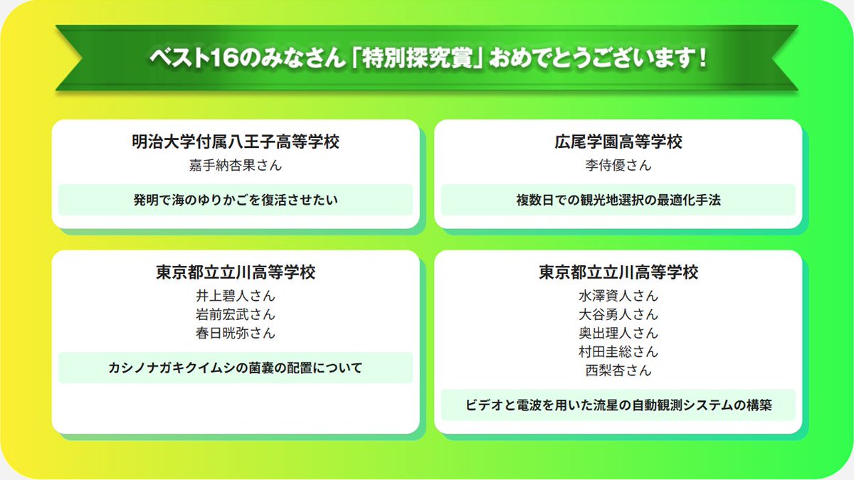 ／
#Q1 2025年大会
📢最新情報
＼

準決勝に進む17チームを紹介🧑‍🏫

文部科学大臣賞🏆に輝くのは？
決勝は7/22(火)大阪・関西万博🌐

次はこの4チーム✍️
🔽セミファイナリスト②
