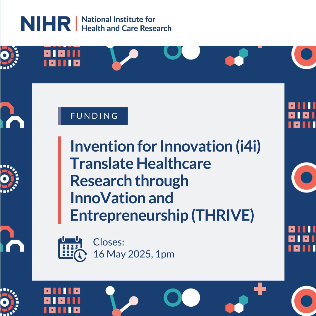 There is still time to apply for up to £150,000 over 9 months to get support for the development of your technology and receive entrepreneurial training 🚀

Apply now to our new #fundingopportunity THRIVE! Find out more &amp; apply ➡️ nihr.ac.uk/funding/i4i-th…