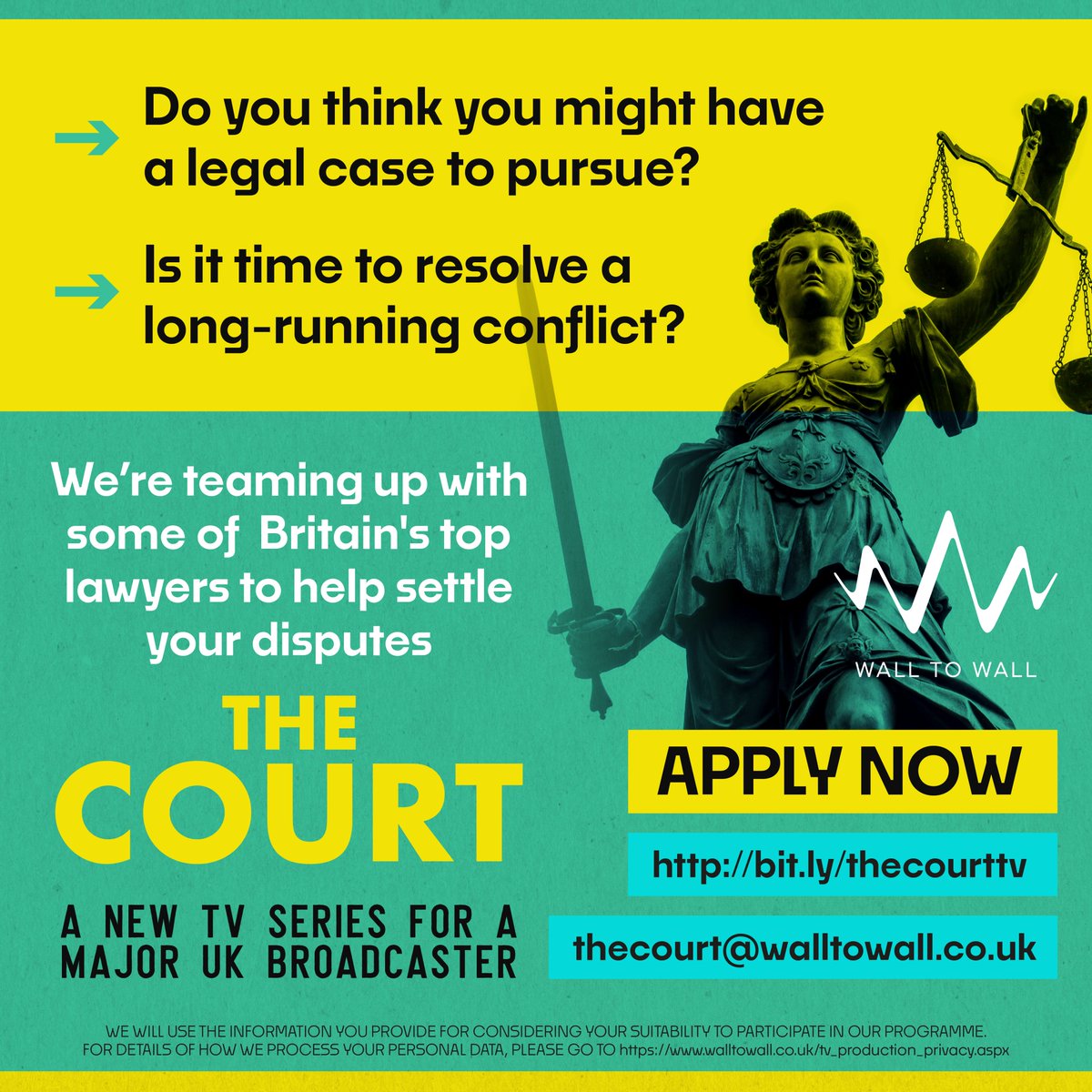 HAS A PERSONAL DISPUTE GOT OUT OF HAND? ARE YOU SEEKING JUSTICE?
Wall to Wall is making a new TV series where we’ll team you up with some of Britain’s top lawyers to resolve your disputes.
For more information, or to apply, please go to walltowall.co.uk/casting/1518/t… #courtcase #tv