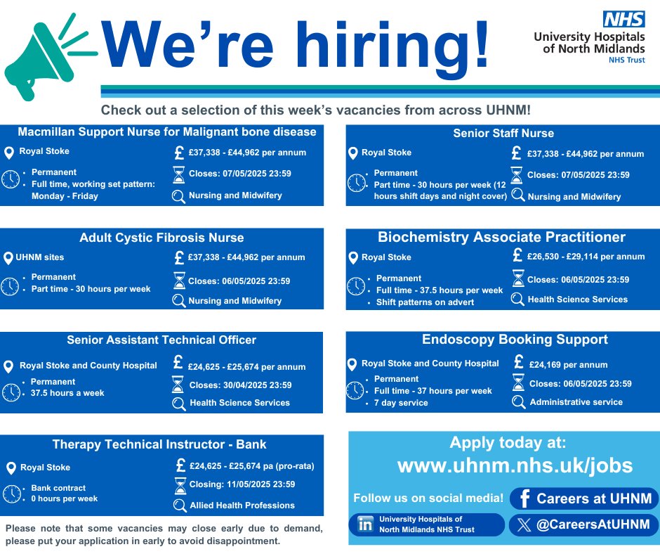 CareersAtUHNM's tweet photo. Our vacancy bulletin this week includes opportunities from various areas from across the Trust.  🏥

You can find out more about the below roles and all our current vacancies by visiting our website https://t.co/N4Hrzc03oc https://t.co/52l5Jmo5iN