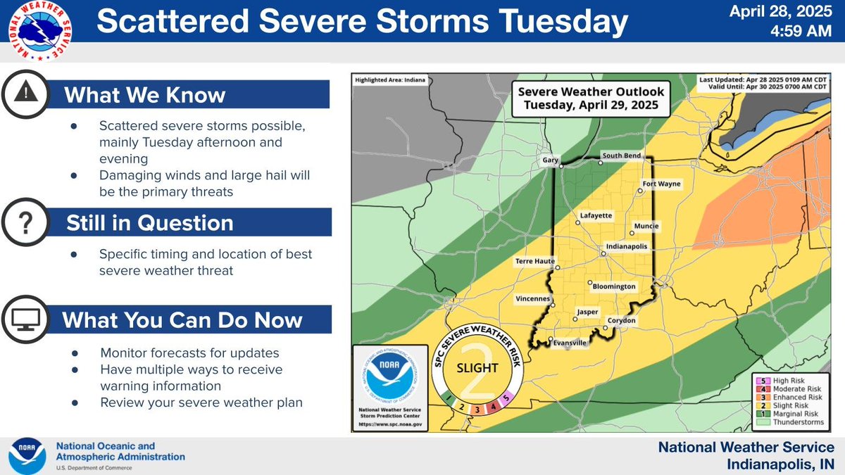 Scattered severe storms are possible on Tuesday, especially during the afternoon and evening, as a cold front moves through the area. Damaging winds and large hail will be the primary threats from storms. Locally heavy rainfall is possible as well. #INwx #indy