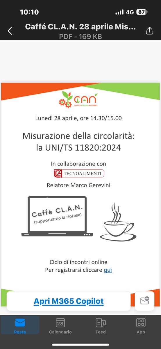Proseguono gli appuntamenti con il Caffè CL.A.N.

#economiacircolare
#Agroalimentare
#ClusterCLAN #Formazione #Webinar