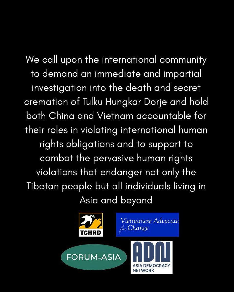 We call for an independent investigation into the suspicious death and secret cremation of Tulku Hungkar Dorje in Vietnam.

His case highlights rampant transnational repression by China, with Vietnam’s complicity.  

#JusticeForTulkuHungkarDorje