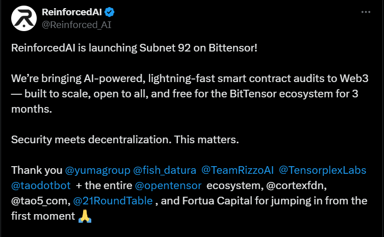 CryptoZPunisher's tweet photo. #Biττensor >> ∆ τ << #τₐcc
> $TAO <
#SN92: ReinforcedAI
by @Reinforced_AI
Today
ReinforcedAI is launching Subnet 92 on Bittensor!
Find all the essential links and the presentation of #SN92 in this tweet. 👇🏼