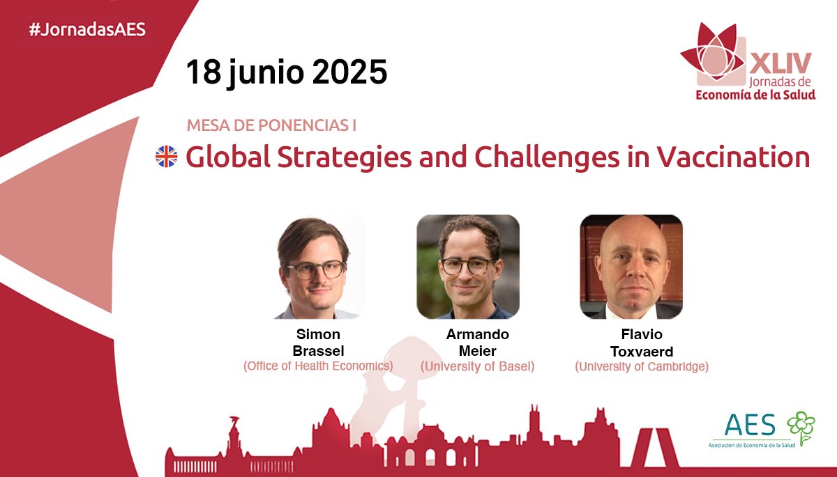 XLIV #JornadasAES
Mesa de ponencias I: "Global Strategies and Challenges in #Vaccination"
🗣️ Simon Brassel (<a href="/OHENews/">Office of Health Economics</a>)
🗣️ <a href="/meier_armando/">Armando Meier</a> (<a href="/UniBasel_en/">University of Basel</a>) 
🗣️ <a href="/toxvaerd1/">Flavio Toxværd ⭐️⭐️⭐️</a> (<a href="/Cambridge_Uni/">Cambridge University</a>)

📅 18 Junio 
📍 <a href="/unicomplutense/">Complutense</a>, #Madrid

ℹ️ f.mtr.cool/xpwofybayp