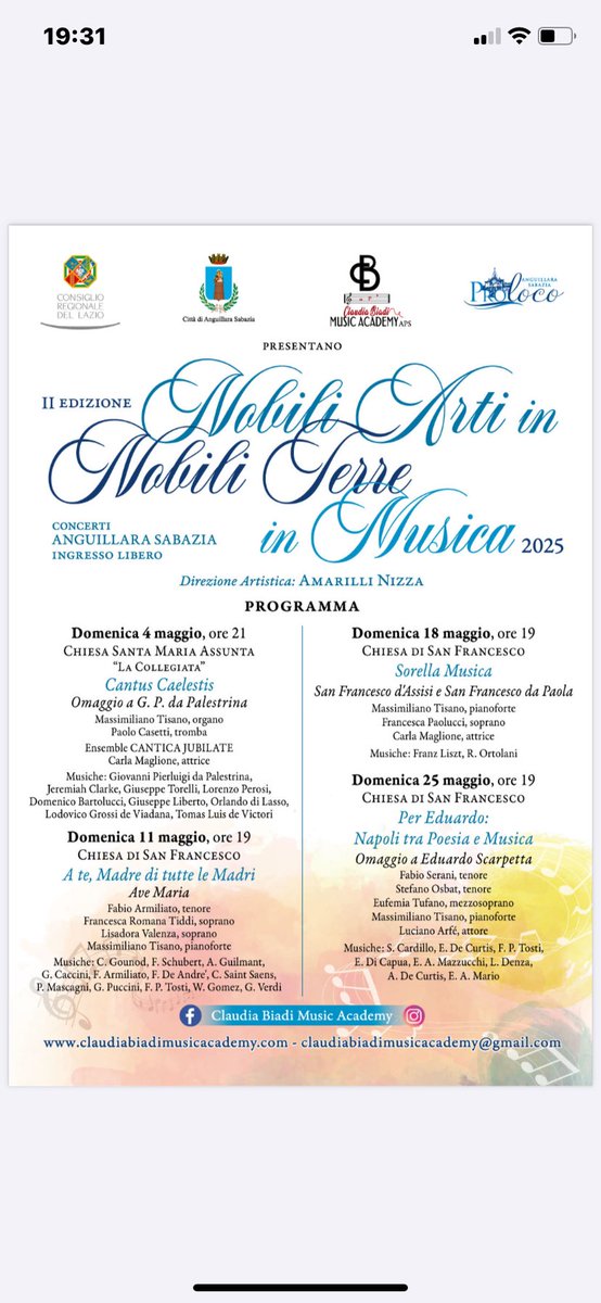 Ad Anguillara “Nobili Arti in Nobili Terre in Musica 2025”
Quattro concerti ad ingresso libero per altrettanti eventi musicali
Si apre infatti il 4 maggio, per la direzione artistica del soprano di fama internazionale Amarilli Nizza, la seconda edizione del Festival!