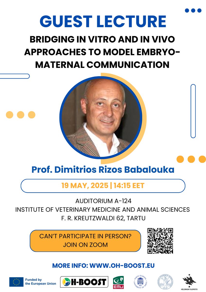 🚨 Guest Lecture 
 Prof. Dimitrios Rizos Babalouka on Embryo-Maternal Communication! 🧬
📅 May 19 | 🕒 14:15 EET
📍 Estonian University of Life Sciences + Zoom

🔑 In vitro &amp; in vivo models + reproductive biotech insights!
👉 More info: oh-boost.eu