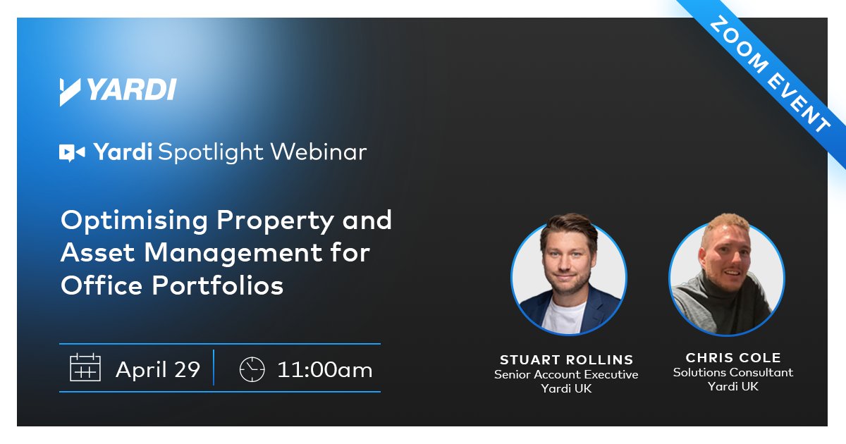 Yardi's tweet image. Managing commercial office assets? Let’s make it easier. 

Join Yardi experts Stuart Rollins &amp;amp; Chris Cole tomorrow as they share best practices to help you adapt to the latest trends in the office sector.

Register now: bit.ly/3EzNPHr!

#RealEstate #CRE #YardiEU #YardiUK