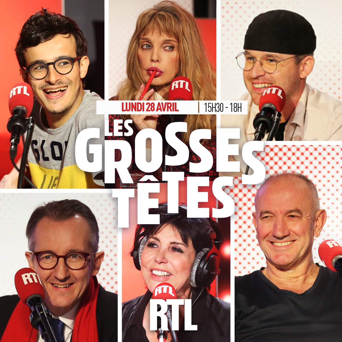 GrossesTetesRTL's tweet image. 📻🤩🎙️Bonjour à tous ! Découvrez vos Grosses Têtes de ce lundi 28 avril ! Autour de Laurent @ruquierofficiel  aujourd'hui :

😂 @GuiHome2 
📖 #PhilippeClaudel
💡 #PaulElKharrat
🎞️ @ArielleDombasle 
🧣 @C_Barbier 
🎤 #LianeFoly

⏰ Coup d'envoi de l'émission : 15h30 sur #RTL