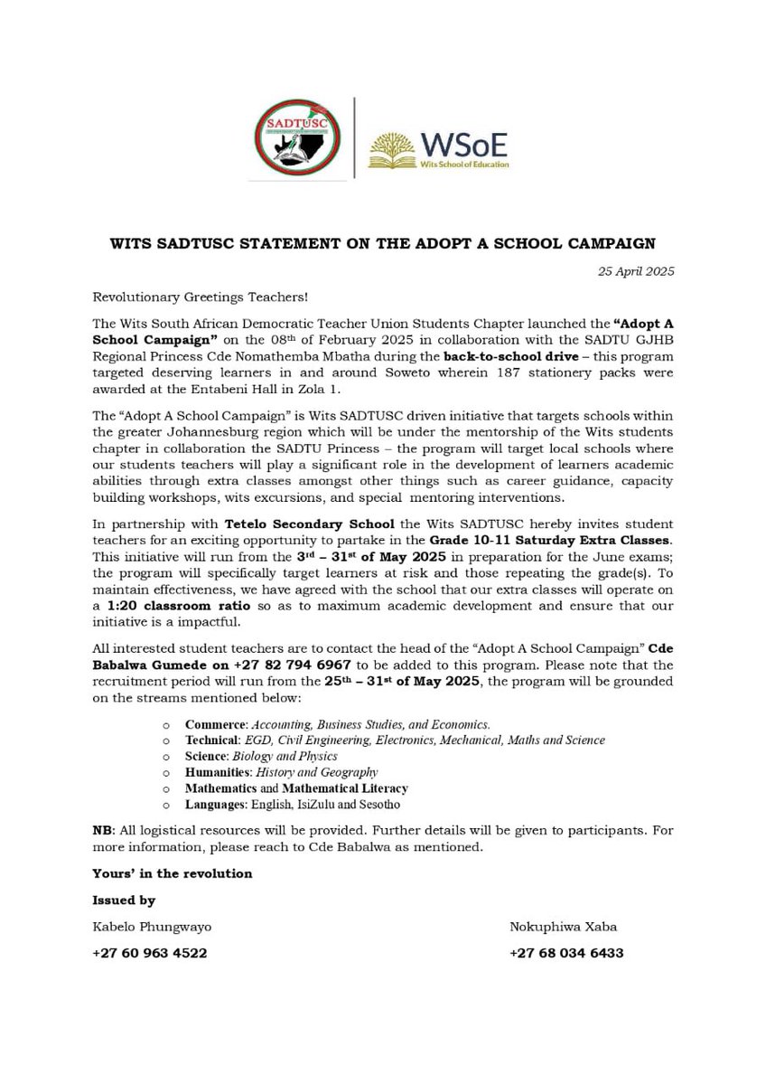 gpsadtusc's tweet image. The Wits SADTUSC calls upon all pre-service teachers!!

Join us in providing extra classes for Grade 10 &amp;amp; 11 learners your guidance can shape their future!