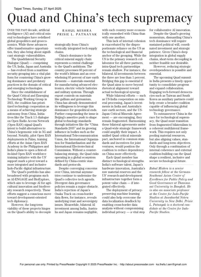 Prisie L. Patnayak (@prisie_l) on Twitter photo My latest for <a href="/taipei_times/">Taipei Times</a> with <a href="/rahulmishr_/">Rahul Mishra</a> where we argue that while QUAD has evolved in the domain of critical & emerging tech there still remains strategic vulnerabilities that they need to address My latest for <a href="/taipei_times/">Taipei Times</a> with <a href="/rahulmishr_/">Rahul Mishra</a> where we argue that while QUAD has evolved in the domain of critical & emerging tech there still remains strategic vulnerabilities that they need to address
