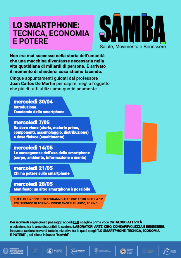 "Lo smartphone: tecnica, economia e potere": una serie di 5 lezioni aperte al pubblico che terrò per 5 mercoledì consecutivi al Politecnico (aula 1P, ore 13) a partire dal 30 aprile. Ingresso libero fino a esaurimento posti. polito.it/ateneo/comunic…