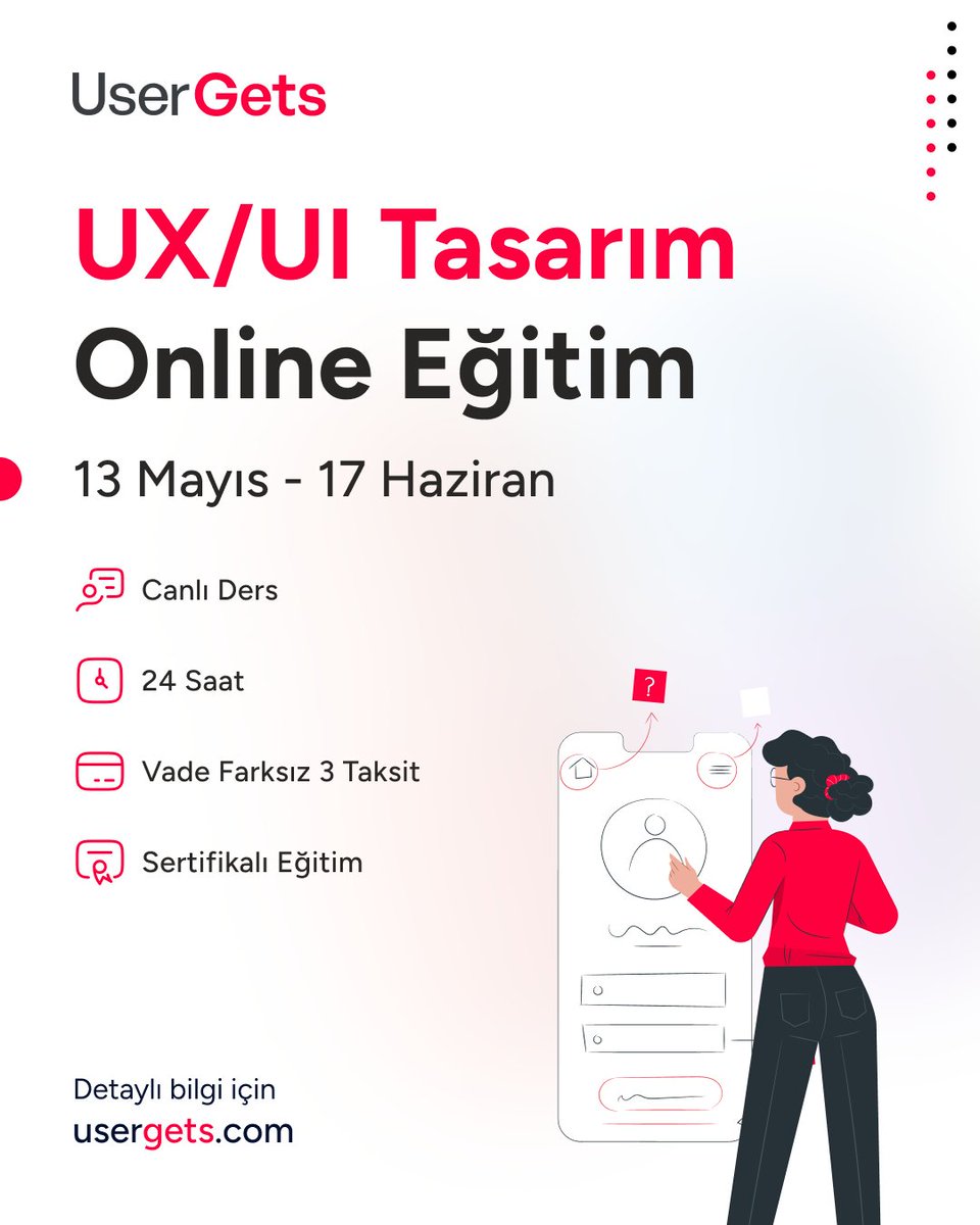 UserGetstr's tweet image. UX/UI Tasarım eğitiminin 5. dönemi 13 Mayıs&apos;ta başlıyor...

📌 Detaylı bilgi ve kayıt için: usergets.com/egitimler/onli…

#ux #ui #uxui #uiux #uiuxdesign #uxdesign #uidesign #userexperience #kullanıcıdeneyimi #tasarım #figma