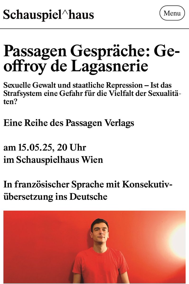 Très heureux d'être à Vienne le 15 mai :
« Violences sexuelles et répression d'Etat »
 schauspielhaus.at/passagengespra…

<a href="/PassagenVerlag/">Passagen Verlag</a> <a href="/SchauspielhWien/">Schauspielhaus Wien</a>