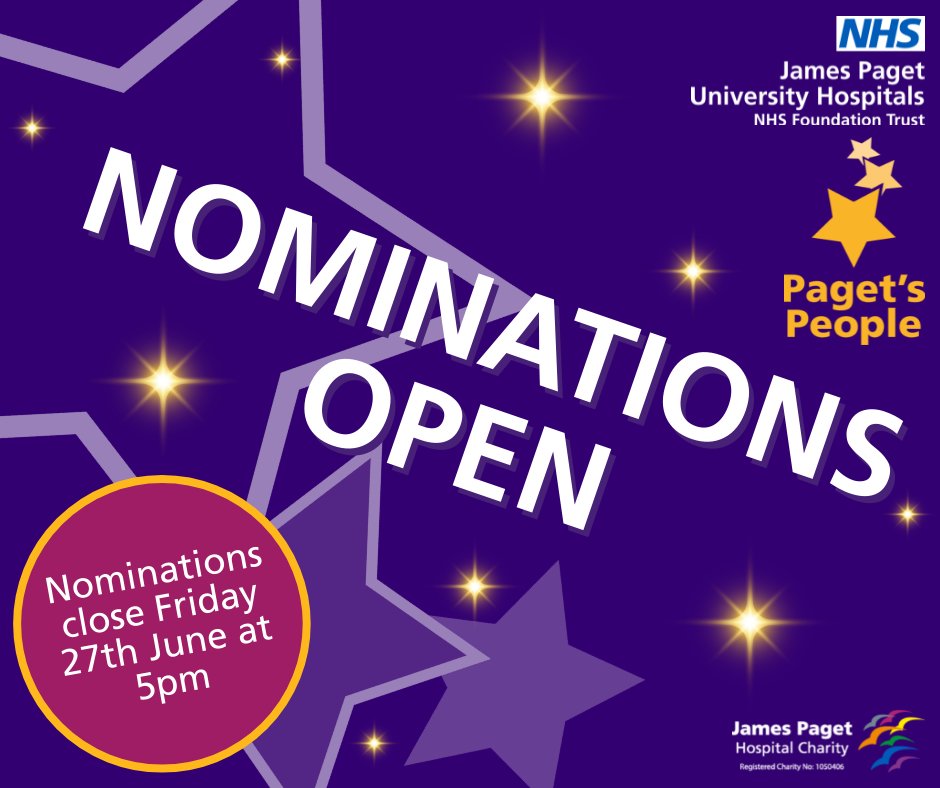 JPUH NHS FT (@jamespagetnhs) on Twitter photo Weāve launched nominations for our Pagetās People Trust Awards for 2025!
Nominate here: shorturl.at/945vN or complete a paper form at our main reception, Carlton Court or Newberry Clinic.
Any questions or queries? Please contact pagetspeopleawards@jpaget.nhs.uk Weāve launched nominations for our Pagetās People Trust Awards for 2025!
Nominate here: shorturl.at/945vN or complete a paper form at our main reception, Carlton Court or Newberry Clinic.
Any questions or queries? Please contact pagetspeopleawards@jpaget.nhs.uk