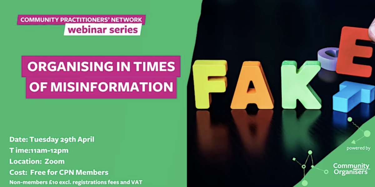 After the covid crisis and the cost of living crisis we now have the rise of #misinformation and fake news creating another crisis for communities.
How does it lead to division? And how can #communityorganising counter it? 
Come along tomorrow - book here bit.ly/3RDPqih