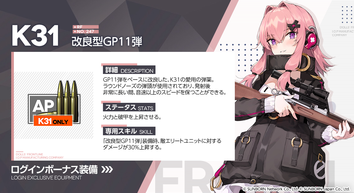 【月間ログボ更新】

5月のログインボーナスは、発射後非常に長い間、音速以上のスピードを保つことができるK31専用装備「改良型GP11弾」です。
装備すると火力と破甲が上昇。
また、装備中は敵エリートユニットに対するダメージが30%上昇します。

#ドルフロ
#ログボ