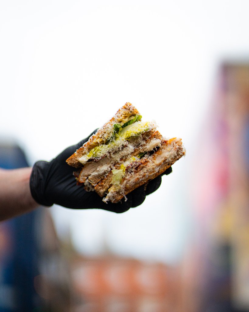 say ello to the caesar club 😮‍💨

this bad boy is one of our three NEW loaded toasties... using our new seeded rye sourdough, macroom ricotta cheese, some crispy chicken schnitzel, bacon, herb ranch, lettuce and of course finished off with some cheese snow 🤤