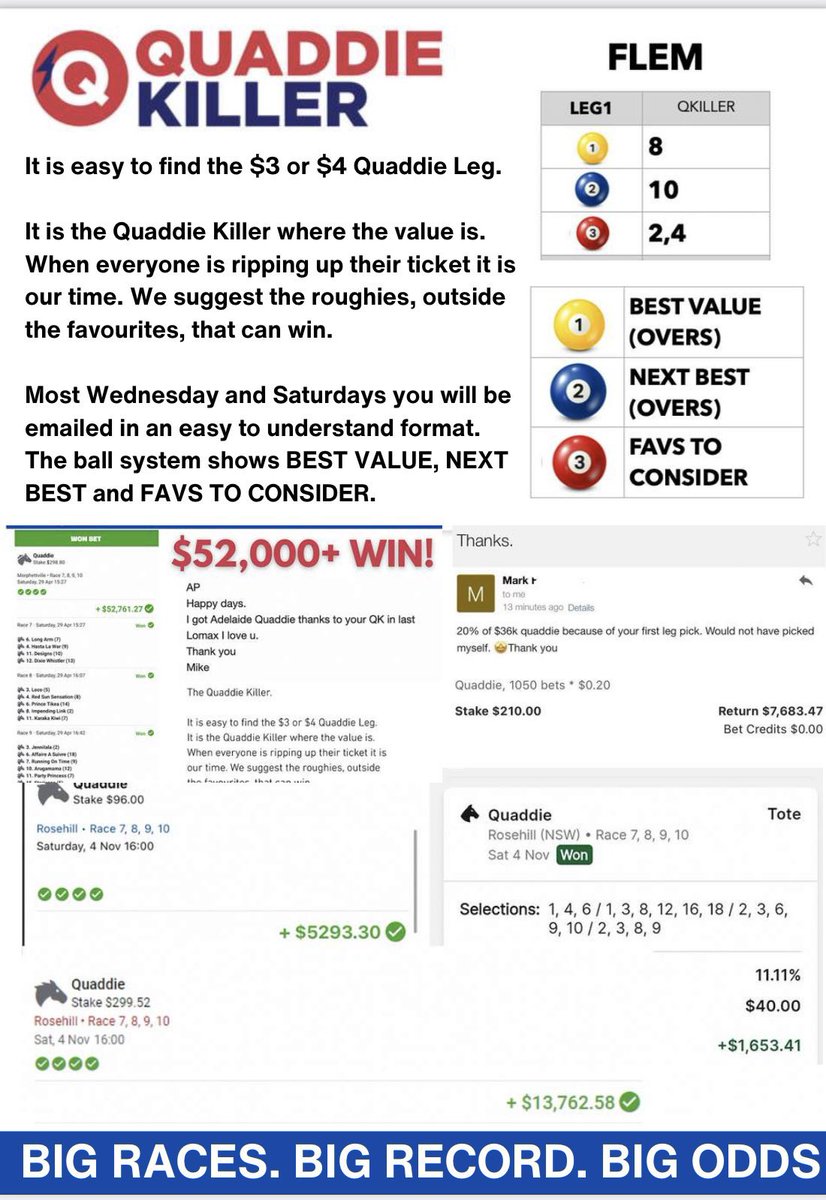 QuaddieKiller's tweet image. 🚨🚨FREE BOOL QUADDIE🚨🚨

Winner gets 20% of my Quaddie tomorrow 

1. Like for chance
2. Follow @QuaddieKiller 
3. RT this and if selected and wins get 40%