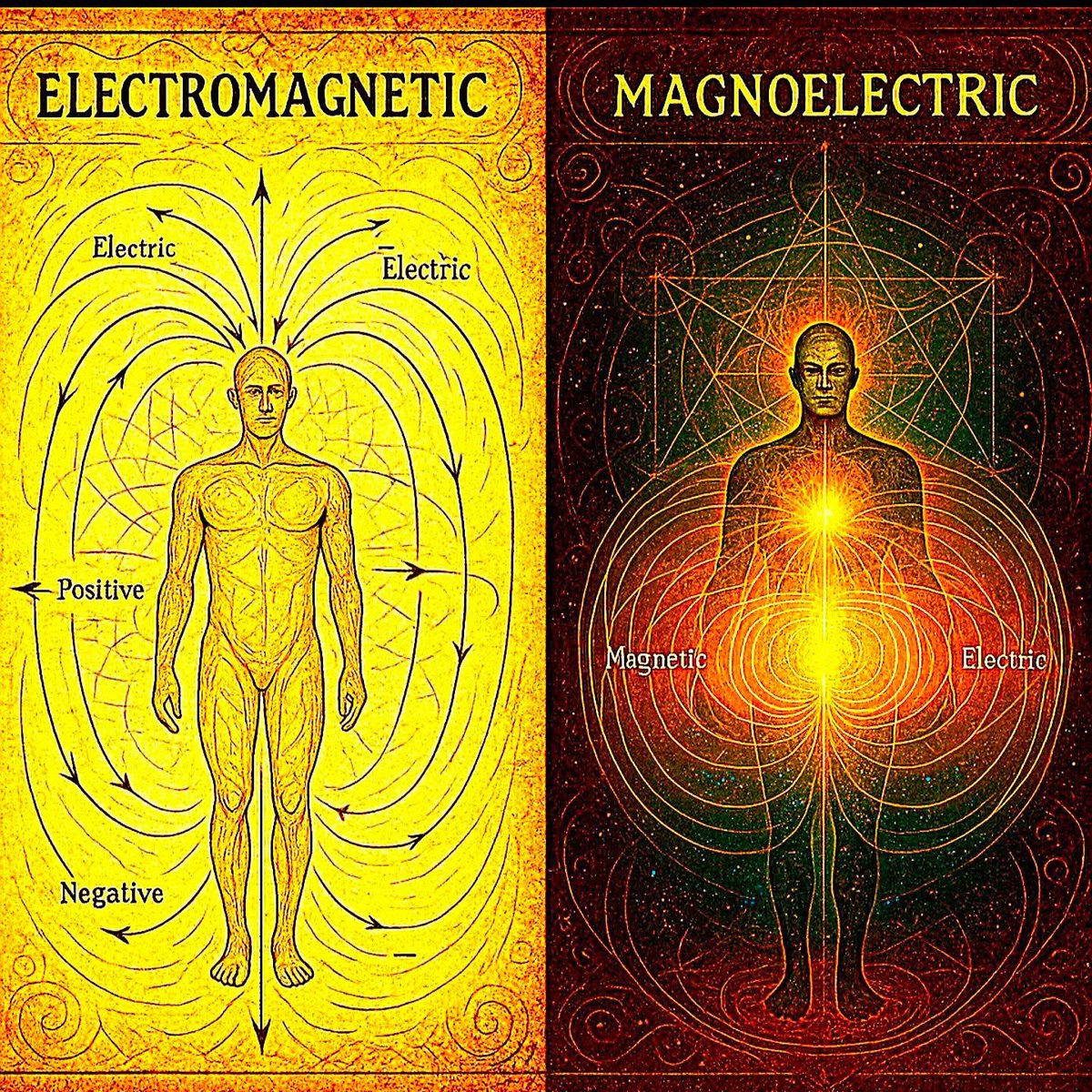 maximumpain333's tweet photo. ELECTROMAGNETIC VS. MAGNOELECTRIC

The esoteric ancients understood human beings not merely as electromagnetic entities, as modern science often frames us, but as magnoelectric beings. 

To them, we were living manifestations of both magnetic and electric forces harmonized within and throughout consciousness ITSELF. 

While electromagnetic perspectives highlight motion and interaction between charged particles, the ancients saw magnetism as the governing force of essence...the silent, inward pull that gave structure and depth to life itself...

Whereas electricity represented outward expression and activity. 

In this view, the magnetic field was primary, a carrier of the soul’s imprint, while the electric field was its externalized reflection. 

Their wisdom taught that our magnetic field anchors our spirit into matter, shaping the quality and strength of the electric expressions we emit into the world. 

Thus, to truly innerstand a human being was to see them not simply in terms of electrical impulses and brainwaves, but as a sophisticated magnoelectric architecture, with the magnetic aspect guiding the evolutionary potential of the electric. 

The ancient wisdom of the innerstanding within the difference between being electromagnetic and being magnoelectric is subtle yet revelatory to be primordial! 

An electromagnetic state prioritizes reaction, movement, and polarity, often cycling endlessly between opposing forces (positive and negative charges) without deeper integration. It is largely outward-facing and mechanically governed. 

A magnoelectric state, however, recognizes the magnetic core as the axis around which electrical activity is organized; it is an inner-centered field where stability, coherence, and higher order emerge naturally. 

Rather than simply responding to external forces, the magnoelectric being creates and generates It's own energetic field of influence from a centered place of authentic being, allowing it to respond to and shape reality rather than merely react to it. 

I guess you could say in short, after I've said all that is simply that electromagnetic is reactionary and superficial level, while magnoelectric is generative and Soul level.

Focusing the intent of our awareness and energy within the magnoelectric architecture of our being is vastly more beneficial than remaining stuck in a basic electromagnetic mode. 

When we strengthen the magnetic field through practices like soul searching depths of meditation, coherent breathwork, heart-centered focus, and deep energetic alignment, the electric expressions that radiate from us become clearer, more intentional, and more potent. 

This creates resilience against external chaotic forces, generates an impenetrable energetic "force field" around you once strengthened enough, sharpens intuition, and enhances our ability to manifest outcomes aligned with our soul’s highest blueprint. 

By cultivating the magnetic root... the deep silent order of it All... we no longer scatter our energy in endless reactive loops, but instead become living spheres of ordered, creative power. 

In doing so, we embody a higher intelligence that seamlessly blends inner stillness with external mastery leading us further down the path of Self-Mastery!

✨🙌🏾💫

© Luke Meador