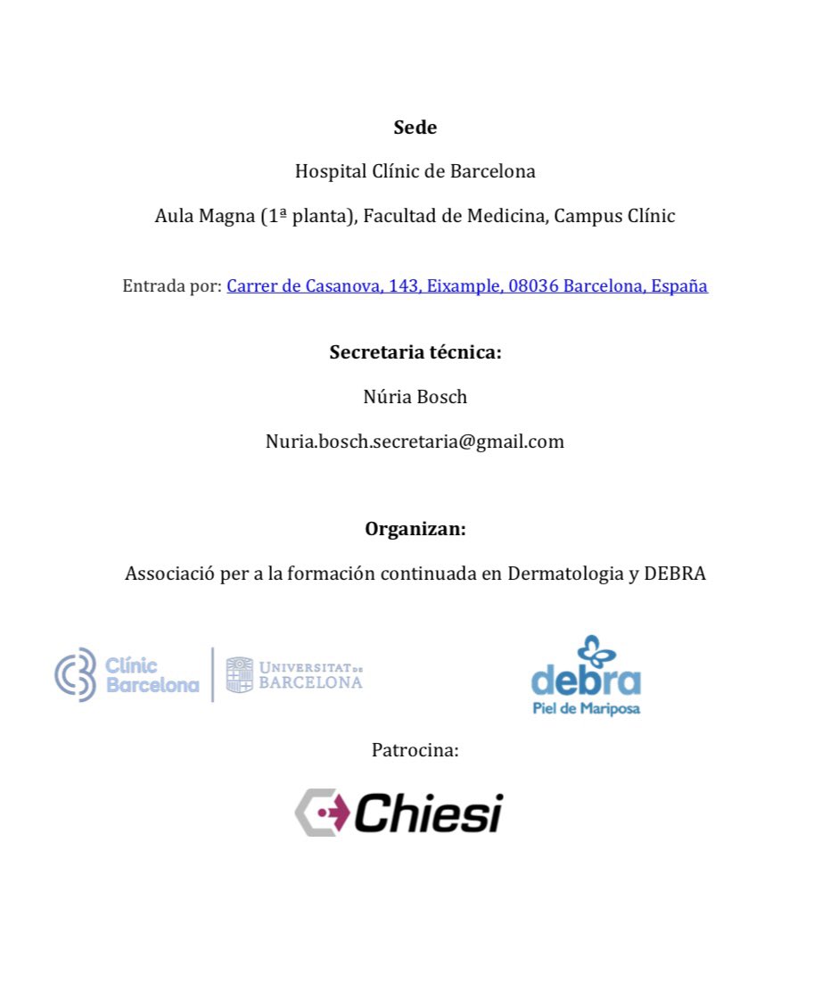 📢 ¡Os esperamos en la IV Jornada Multidisciplinar en Epidermólisis Bullosa Hereditaria en el @clinicbarcelona! 
Presencial y online
🔗 Inscripción: forms.office.com/e/kZXvTmJwKh
🔗 Conexión: us02web.zoom.us/webinar/regist… 
Estaremos allí para compartir todo lo que hacemos desde la Fundación.