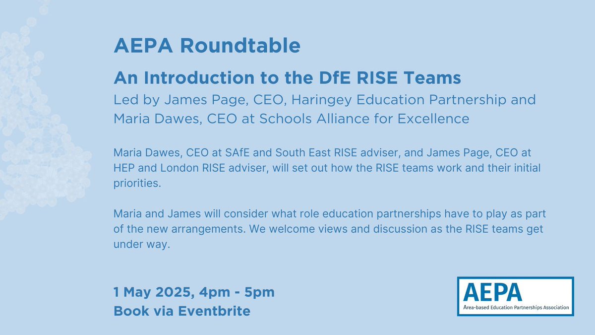 🤔 Curious about RISE Teams and their role in school improvement?

🌞 Join <a href="/jamesapage/">James Page</a>, CEO of <a href="/HaringeyEduc/">Haringey Education Partnership</a>, and Maria Dawes, CEO of <a href="/schoolsallexcel/">Schools Alliance for Excellence</a>, for an introduction to RISE teams. 

🎫 Get your ticket: buff.ly/I0npVpv 

#RISETeams #AEPARoundtable