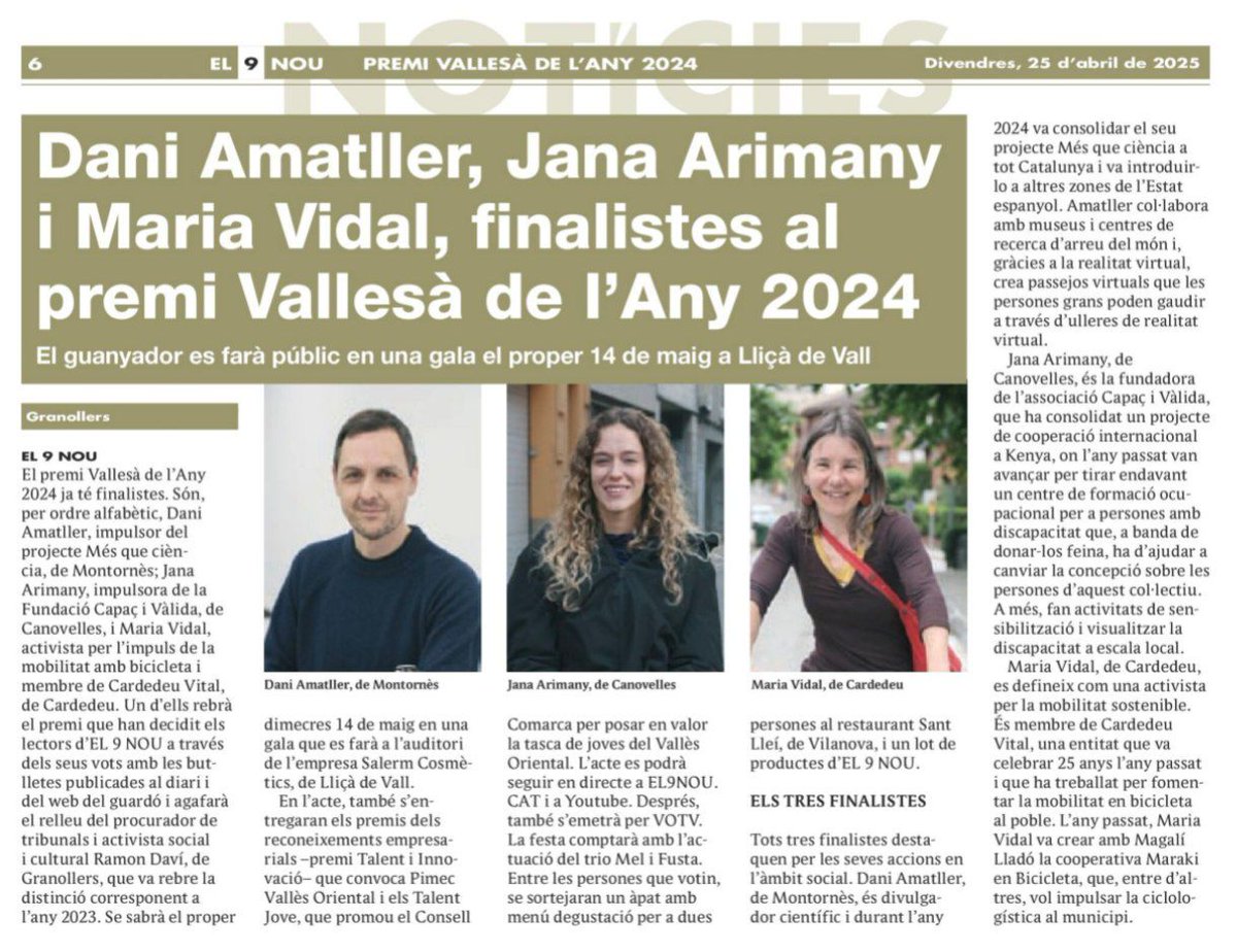 La Maria Vidal, i per tant Cardedeu Vital, és una dels tres finalistes al premi Vallesà/ana de l'Any 2024!!!
El dimecres 14 de maig sabrem qui rep la distinció, però nosaltres ja estem contentíssimes de ser-hi! 🚲💚🌳