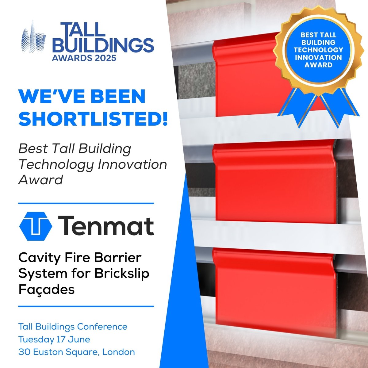 We're delighted to share that our Cavity Fire Barrier System for Brickslip Façades has been shortlisted for the Best Tall Building Technology Innovation Award at the <a href="/TallBuildingsC/">Tall Buildings Media</a>  Awards 2025! 😁 

#Awards #Award #Innovation #NEWS