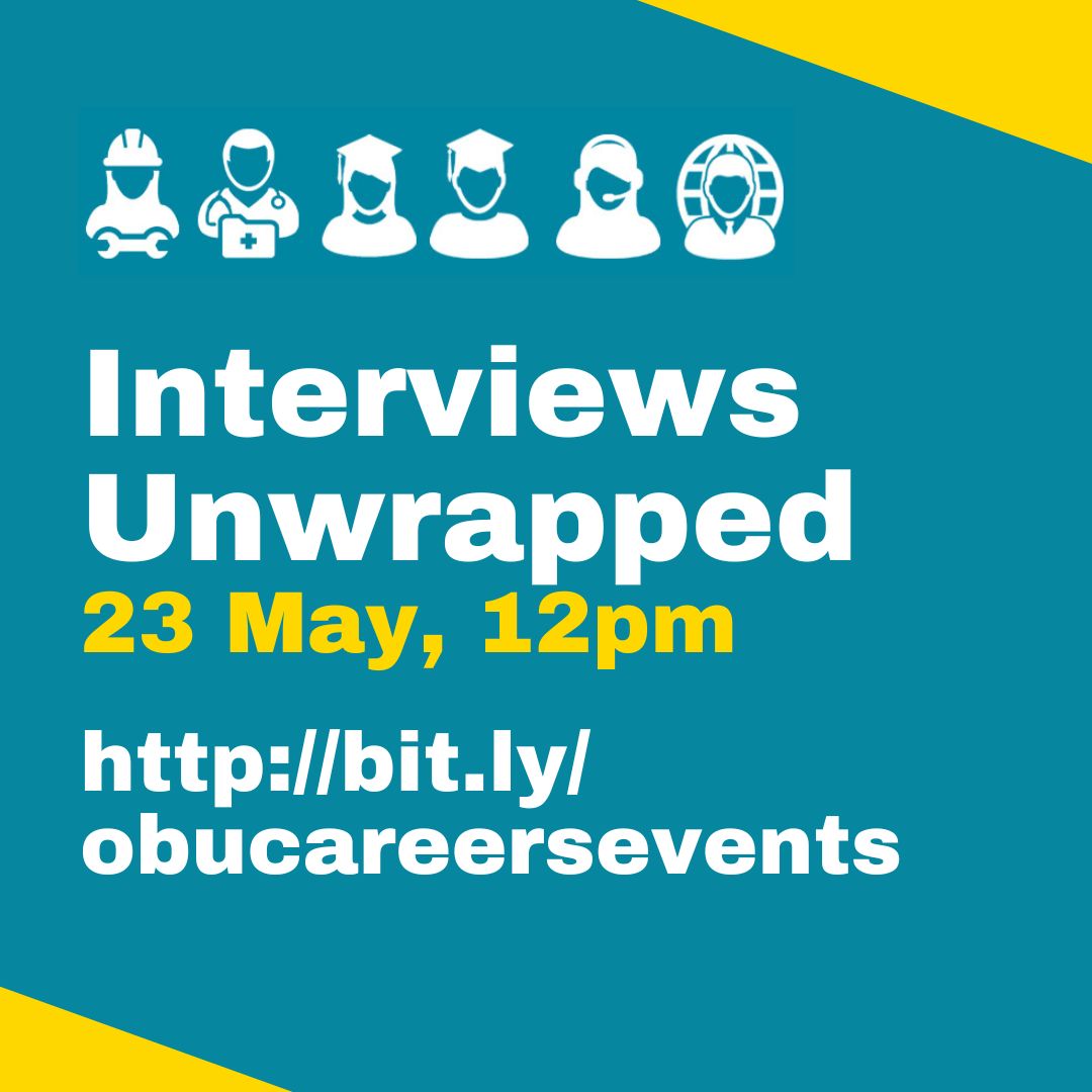 Prepare yourself for your upcoming graduate interviews on May 23 at our online Interviews Unwrapped workshop.  We'll look at how to anticipate likely interview questions and offer some solutions for handling those interview nerves. #FutureFocusFortnight

brookes.jobteaser.com/en/events/2469…