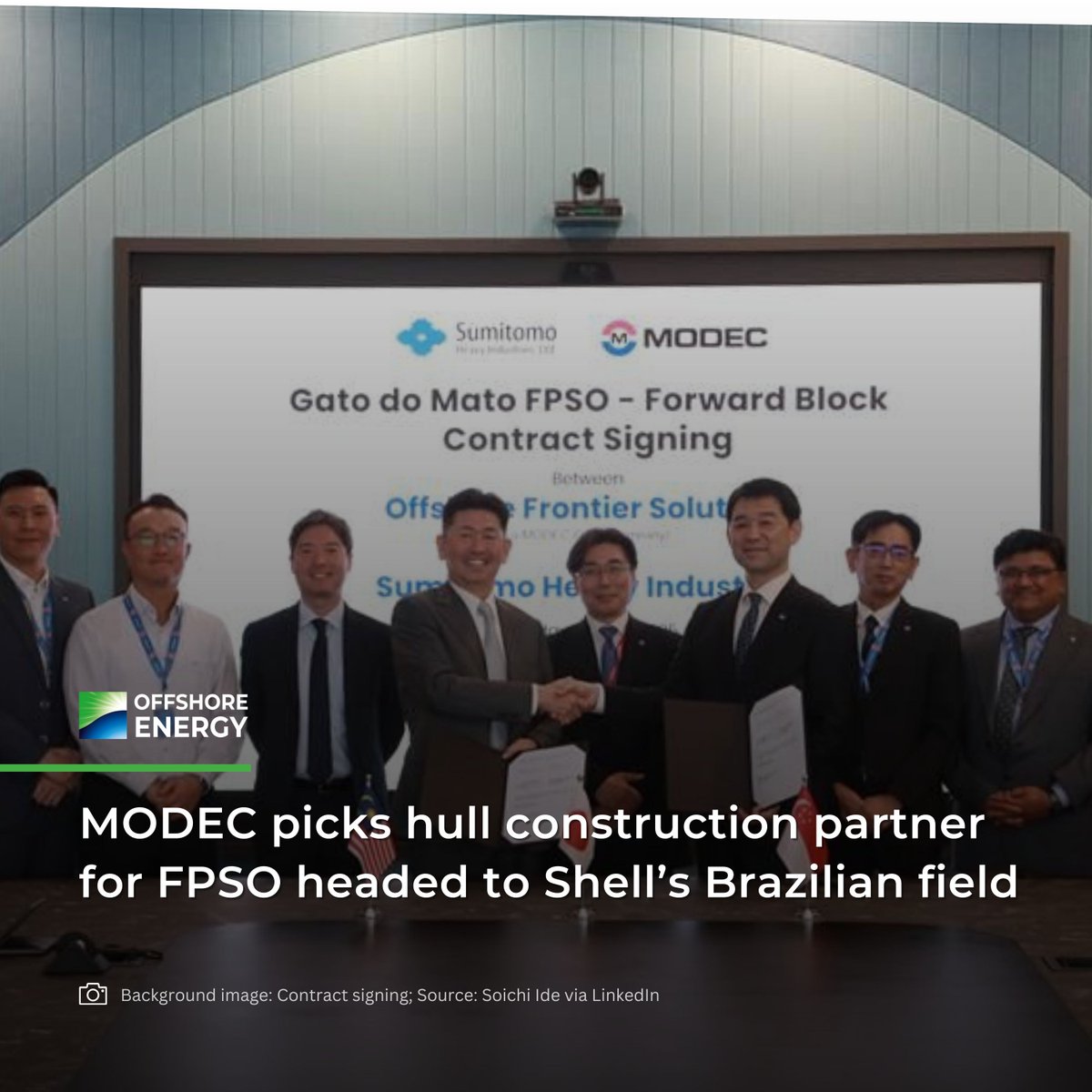 offshoreenergyt's tweet photo. 📢 #Japan’s #MODEC has executed a contract with compatriot Sumitomo Heavy Industries to construct the forward block of the #FPSO it is building for the @Shell-operated project in #Brazil's #SantosBasin.
⚓ 𝐅𝐮𝐥𝐥 𝐬𝐭𝐨𝐫𝐲 ➡️ https://t.co/vajtSJF33M
#Shell #GatodoMato https://t.co/y4n7enzacY