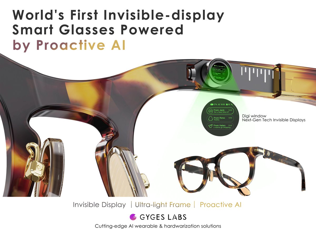 GygesLabs's tweet photo. 👓DigiWindow:Next-Gen Tech Invisible Dispalys.
🏆Word's Frist Invisible-display Smart Glasses Powered by Proactive AI. 
🏆The combination of technology and fashion, along with the innovative invisible display technology, turns the dream of technology into a daily reality. https://t.co/jb3te1k8tL