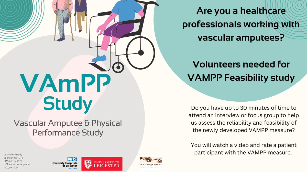 Amirah Essop-Adam (@amirahphysio) on Twitter photo Are you a Healthcare Professional working with vascular amputees?
Healthcare Professional volunteers needed for research study exploring physical performance for vascular amputees. Find further information below.
If interested please PM or contact me on: aea19@leicester.ac.uk Are you a Healthcare Professional working with vascular amputees?
Healthcare Professional volunteers needed for research study exploring physical performance for vascular amputees. Find further information below.
If interested please PM or contact me on: aea19@leicester.ac.uk