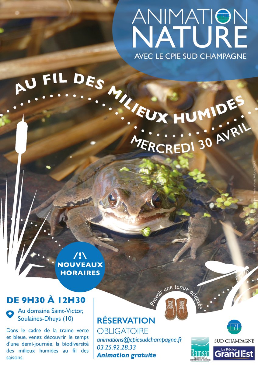 Changement d'horaires pour l'animation du 30 avril! Celle-ci se déroulera désormais sur une demi-journée de 9h30 à 12h30.

N'oubliez pas de vous inscrire si vous souhaitez participer! 💧🦆🐸

Réservation obligatoire au 03.25.92.28.33 ou à l'adresse animations@cpiesudchampagne.fr.
