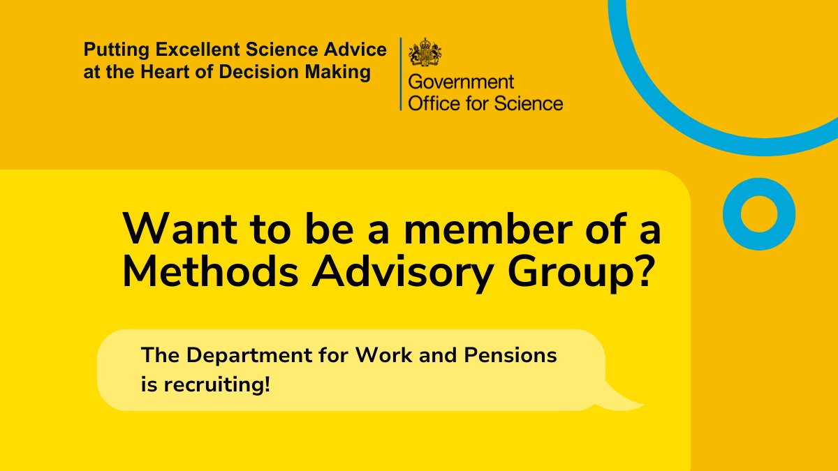 Government Office for Science (@uksciencechief) on Twitter photo .<a href="/DWPgovuk/">Department for Work and Pensions</a> is looking for new members of the Methods Advisory Group. More information about this exciting role here: gov.uk/government/new…. .<a href="/DWPgovuk/">Department for Work and Pensions</a> is looking for new members of the Methods Advisory Group. More information about this exciting role here: gov.uk/government/new….