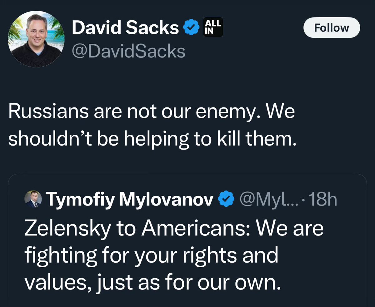 The stupidity of this post by <a href="/DavidSacks/">David Sacks</a> is immeasurable. Russia is conducting:
- cyber attacks on the U.S.
- ADIZ airspace violations
- espionage on the U.S. and allies
- poisoning / killing in allied territory
- threats upon allies
- illegal detentions of AMCITZ
- efforts to