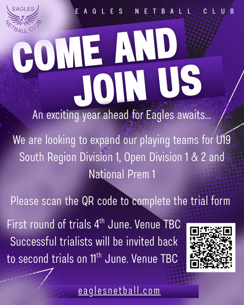 Eagles_Netball's tweet image. Super excited to announce our Senior trials following amazing junior trials. Looking to expand our successful teams in National Premier League 1, Open Regional Division 1 &amp;amp; 2 and U19 Regional Division 1. Scan the QR code or follow the link forms.gle/TDrHc8gyaQrjXP… 💜🦅