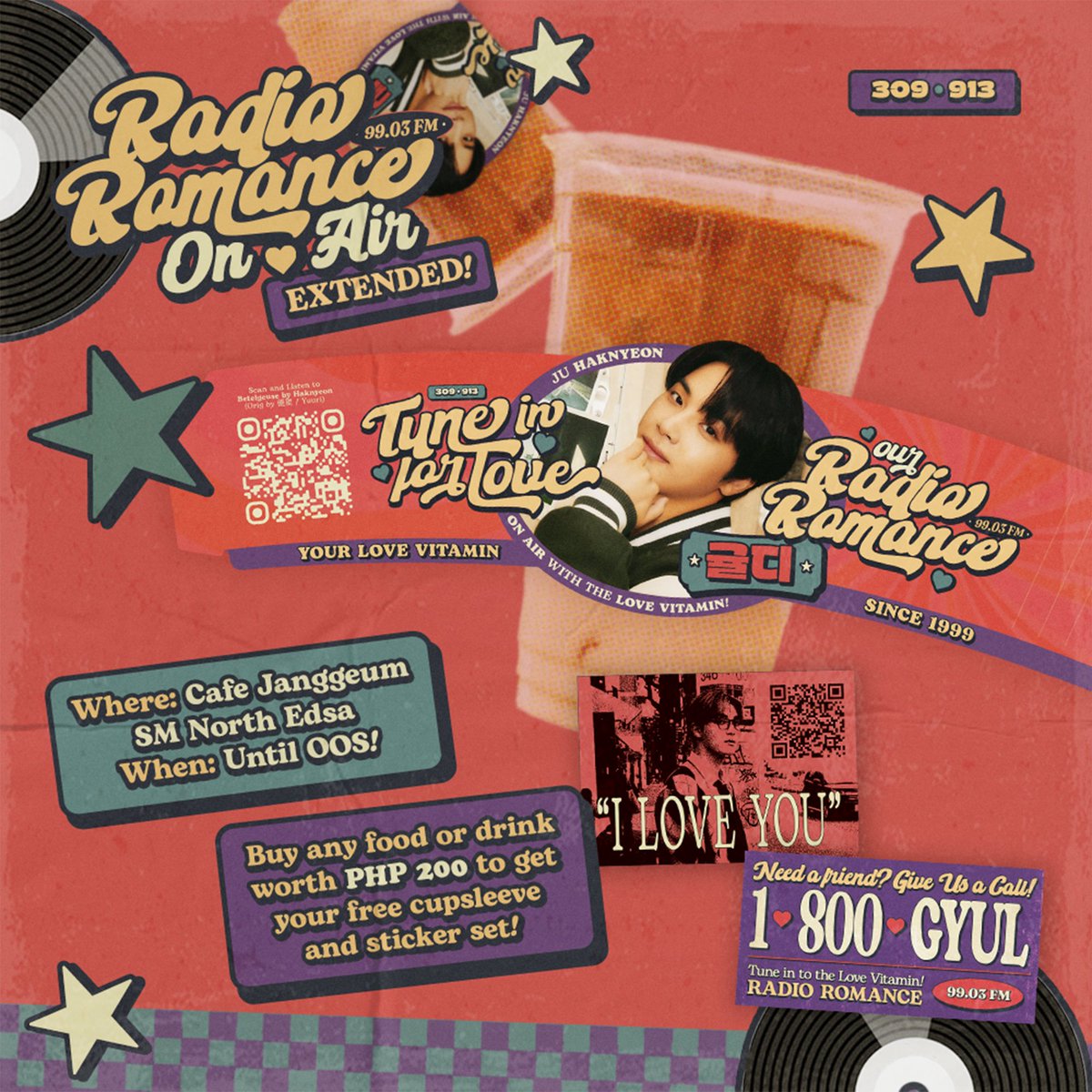 Still on air—until we’re out of stock! 

Enjoy a free cupsleeve and stickers with a ₱200 minimum purchase at Cafe Janggeum, SM North Edsa.  

Thank you everyone for tuning in! DJ 309 out 🧡

P.S. Tag us in your photos! We’d love to see them 📷 

#9903FM #JUHAKNYEON #주학년